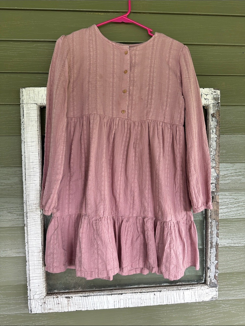 Girls' Mauve Tiered Long-Sleeve Dress with Button Front
